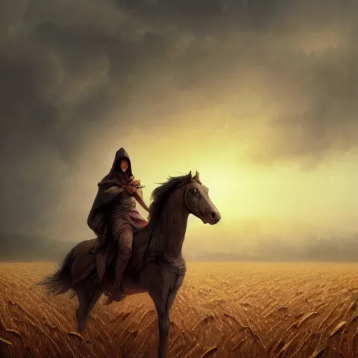 Image similar to cinematic shot epic portrait an hooded man riding a horse in middle of wheat fields, sunny, cloudy, broad light, ambient occlusion, volumetric light effect, made by ivan aivazovsky, peter mohrbacher, greg rutkowski, matte painting, trending on artstation, 4 k, perfectly defined features, digital painting, cinematic, epic, highly detailed,