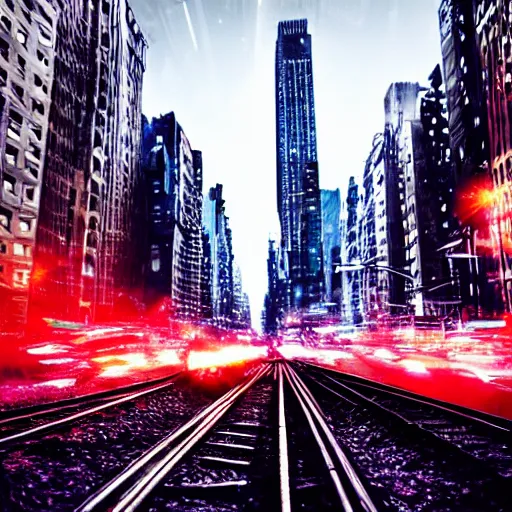 Prompt: futuristic train drives over busy street full of cars in nyc at night, still photo, cinematic lighting