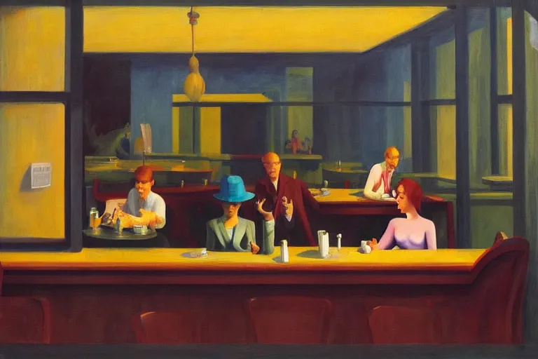 Image similar to hideous terrifying ghastly foul cronenberg monsters relaxing at a cafe. ( a waiter is pouring coffee. one monster is reading a newspaper. painting by edward hopper, 3 d rendering by beeple, 8 k, comfy wretched mutants )