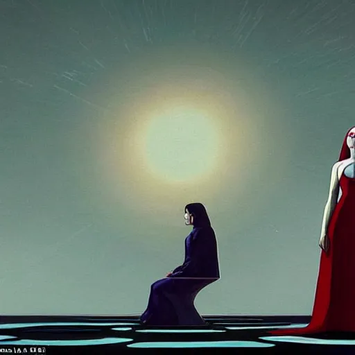 Image similar to closeup : billie eilish as the empress of the universe sits on stellar throne, concept art for a scifi film. by edward hopper. sharp focus, cinematic atmosphere, detailed and intricate, perfect anatomy, meticulous detail