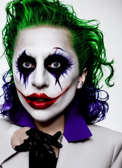 Image similar to photo of Lady Gaga as the Joker by Mario Testino, head shot, detailed, award winning, Sony a7R