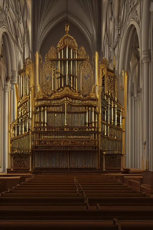 Prompt: a detailed render of an isolated lonely marble pipe organ in a church, with large golden pipes, in the middle of a field, supported by a lone stone column, trending on artstation, render, 3 d, octane, 4 k, 8 k, unreal engine, cinema 4 d