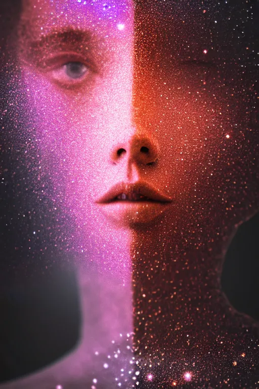 Image similar to intricate hyper detailed ultra sharp portrait photo, unsplash transparent fractal, galaxy in the background, intricate details, human face, facial features, elegant, hyper realistic, ultra detailed, octane render, volumetric cinematic lighting, 8 k post - production