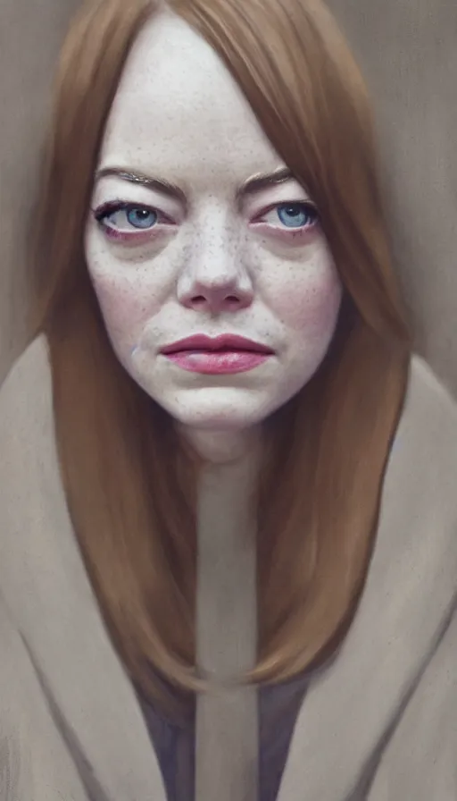 Image similar to cinematic portrait of emma stone, intricate, elegant, by alyssa monks, highly detailed, symmetrical face, fine details, masterpiece, trending on artstation