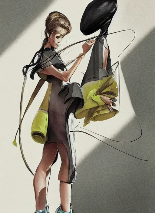 Prompt: a fashion illustration of a futuristic tennis girl wearing yeezy 5 0 0 sneakers and an anorak designed by balenciaga by brian froud and frank frazetta