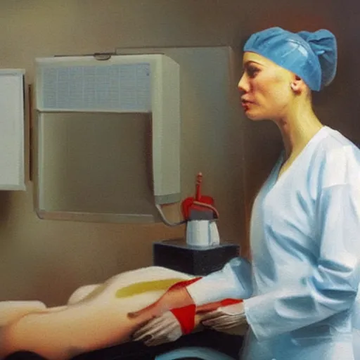 Prompt: oil painting of a female surgeon in the operating room, operating