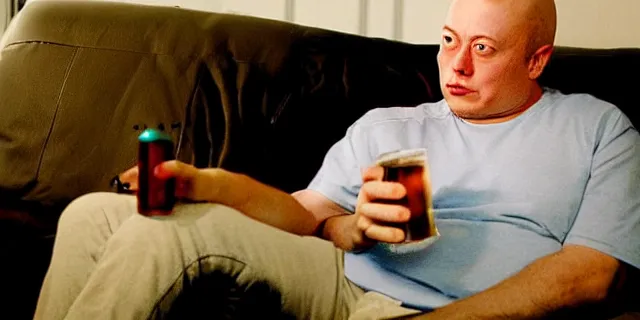 Image similar to sad bald poor elon musk drinking a can of beer in the couch while watching tv in a dirty house, very realistic photograph, cinematic lighting, dardenne brothers, trailer park boys