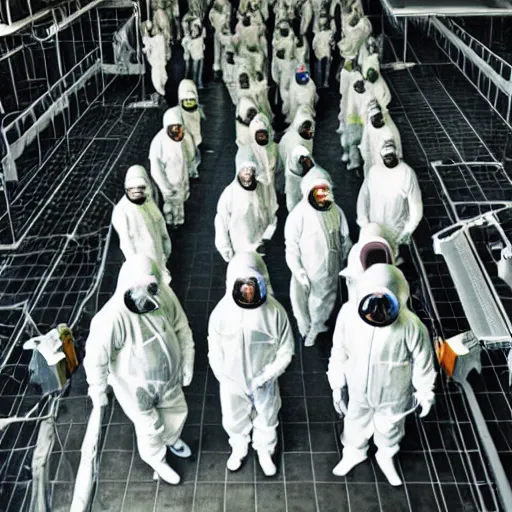 Prompt: MC Escher style underground lab, sterile, human farm, staff wearing hazmat suits, unknown location, photo taken from above, light and shadows
