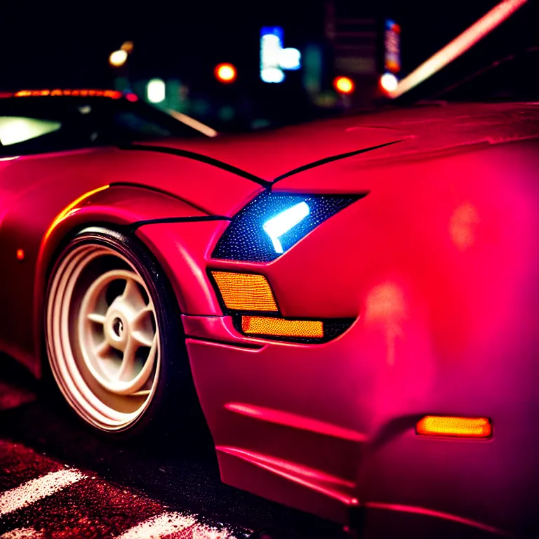 Image similar to close-up-photo Nissan Z32 turbo illegal roadside night meet, deep dish work-wheels, Shibuya Shibuya, cinematic color, photorealistic, highly detailed night photography