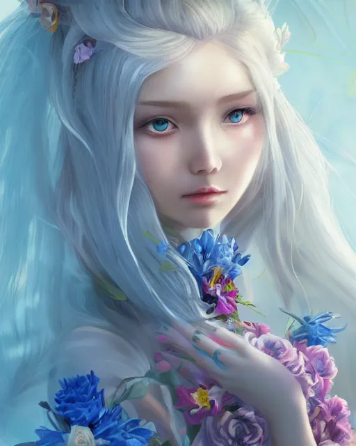 Prompt: kind cyborg girl with flowers, elegant, scifi, futuristic, utopia, garden, colorful, long white hair, unique, vibrant, dreamy, lee ji - eun, illustration, atmosphere, top lighting, blue eyes, focused, artstation, highly detailed, art by yuhong ding and chengwei pan and serafleur and ina wong