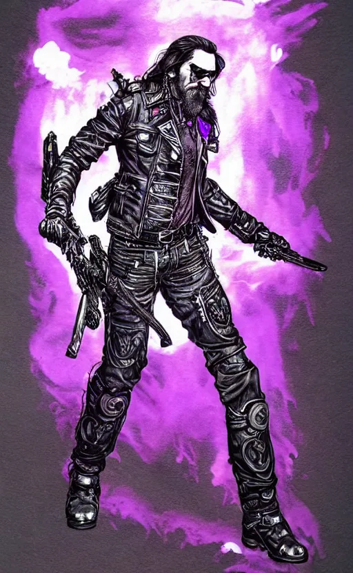 Image similar to full body portrait of lemmy killmeister with a lot of purple smoke!!!, concept art, sumi - e style, intricate linework, artstation, trending, highly detailed, smooth, focus, art by yoji shinkawa and glenn fabry,