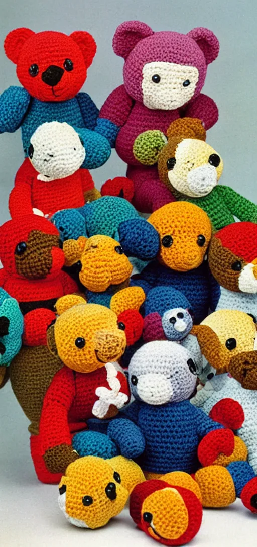 Image similar to multicolored crocheted teddy bears, 1 9 8 0 s catalogue photography