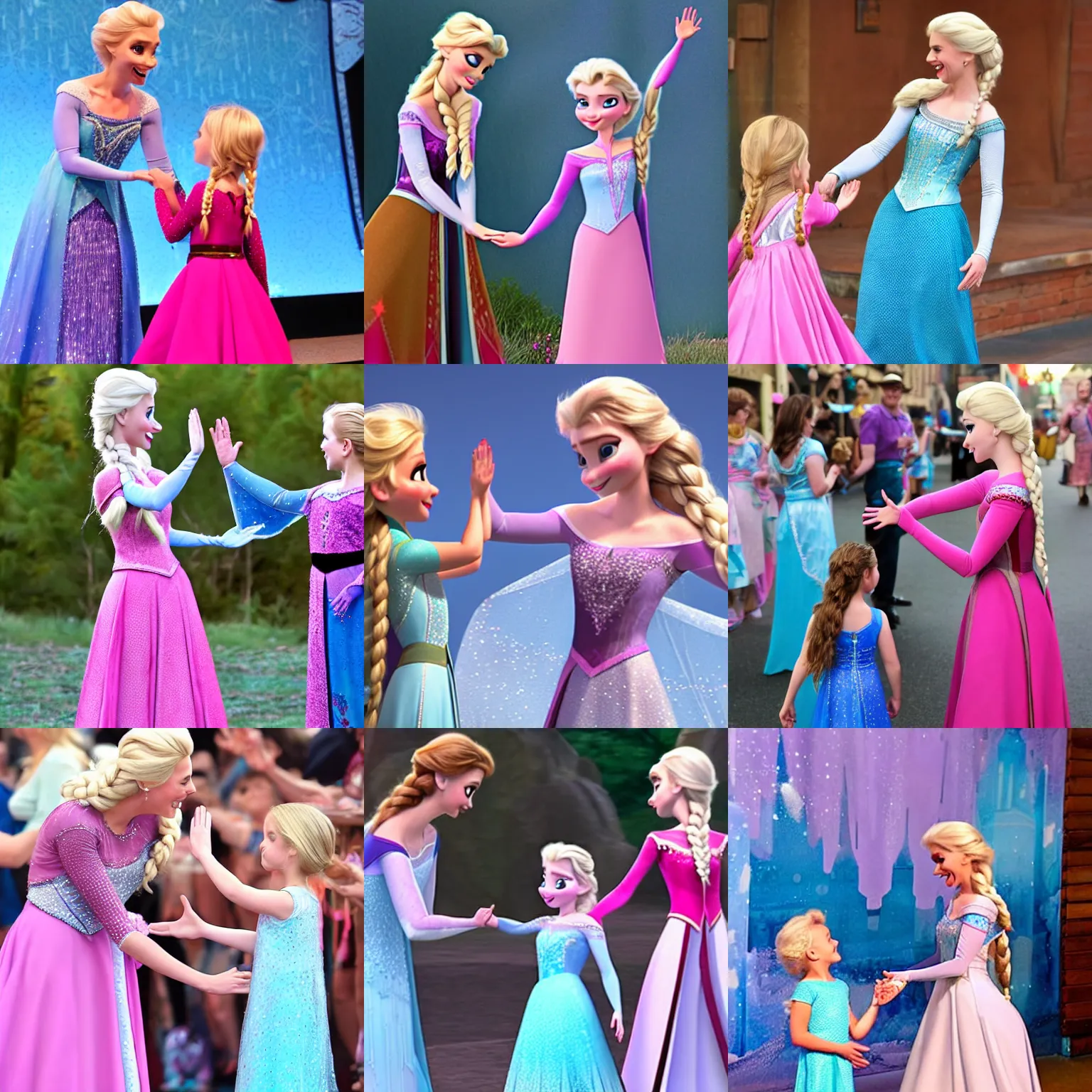 Prompt: elsa from frozen giving a high five to a little girl with brown her and a polka dot pink dress