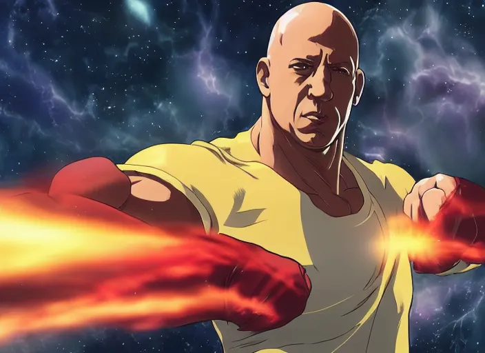 Prompt: landscape, long shot of vin diesel as saitama! punching!!! a car!!! through space, hyperrealism, trending on artstation