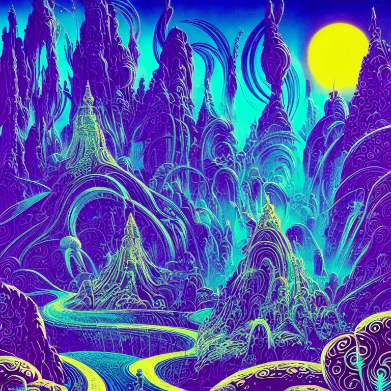 Prompt: mysterious rocket hovers over mythical crystal temple, psychedelic fractal waves, synthwave, bright neon colors, highly detailed, cinematic, eyvind earle, tim white, philippe druillet, roger dean, ernst haeckel, lisa frank, aubrey beardsley