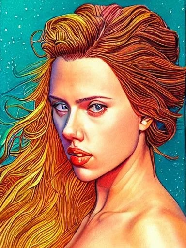 Image similar to a beautiful painting of scarlett johansson by jean giraud moebius, award winning painting, hyperdetailed, detailed