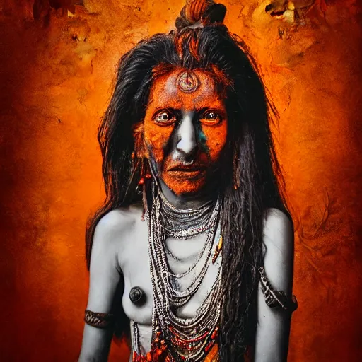 Image similar to realistic double exposed fuji film portrait of aghori tantrik india woman, tentacled creature mix, marigold celestial vibe, hyperrealism, hypermaxiymalism, photorealistic, detailed, atmospheric, 8 k, award winning photography, cinematic