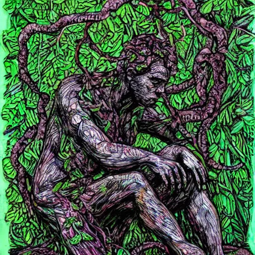 Image similar to The Thinker Sculpture covered in mushrooms & peyote & ayahuasca vines, sitting in a dense luscious forest, ink sketch, Naturalist