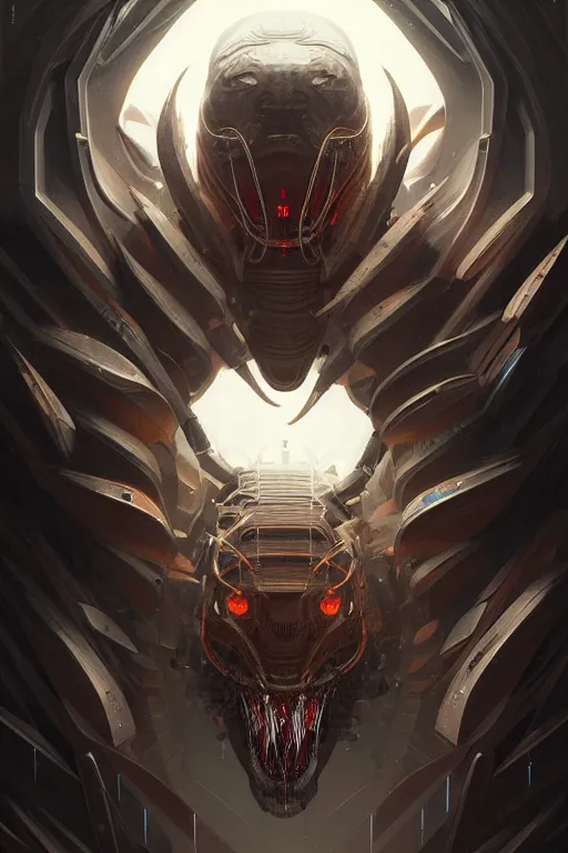 Image similar to professional concept art symmetrical portrait of a horrendous mechanical predatory species in a dark room by artgerm and greg rutkowski. an intricate, elegant, highly detailed digital painting, abstraction, concept art, smooth, sharp focus, illustration, in the style of cam sykes.