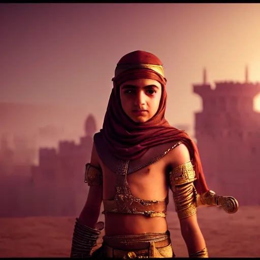 Image similar to a young palestinian princess with dagger, image from prince of persia, by greg rutkowski, very detailed, octane render, unteal engine 5, 4 k