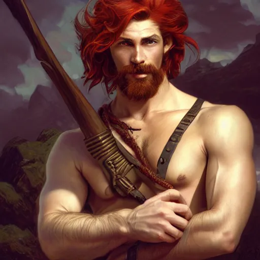 Image similar to portrait of a young ruggedly handsome but joyful pirate, male, masculine, upper body, red hair, long hair, d & d, fantasy, seductive smirk, intricate, elegant, highly detailed, digital painting, artstation, concept art, matte, sharp focus, illustration, art by artgerm and greg rutkowski and alphonse mucha