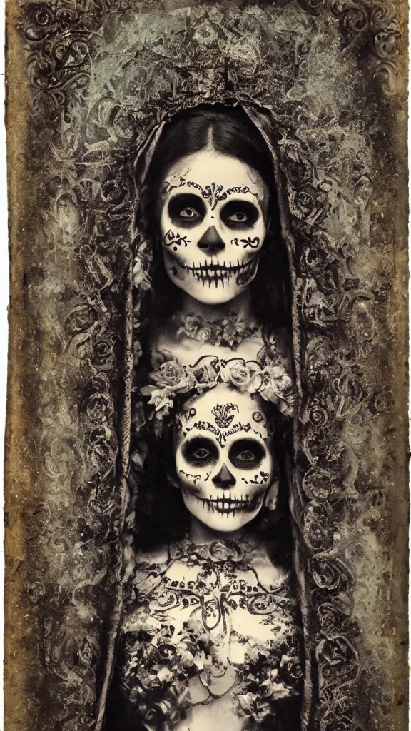 Image similar to tintype full body view, virgin mary in dia de muertos dress and make up, horrific beautiful vibe, evocative, atmospheric lighting, painted, intricate, highly detailed,