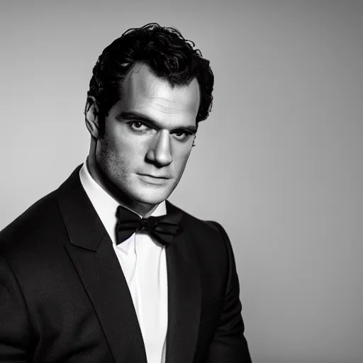 Image similar to a studio portrait of henry cavill as the next james bond, black and white, 5 0 mm 1. 2 lens, low key lighting