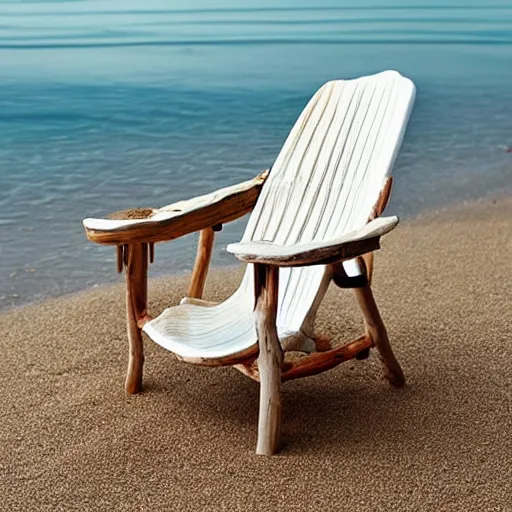 Prompt: “beach chair made of large abalone shell, driftwood, 35 mm product photo”