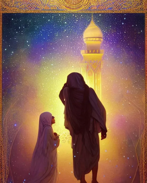 Image similar to bedouin man and woman and child, quran falling from the sky in galaxy walking towards mosque surrounded by nebula, highly detailed, gold filigree, romantic storybook fantasy, soft cinematic lighting, award, disney concept art watercolor illustration by mandy jurgens and alphonse mucha and alena aenami, pastel color palette, featured on artstation