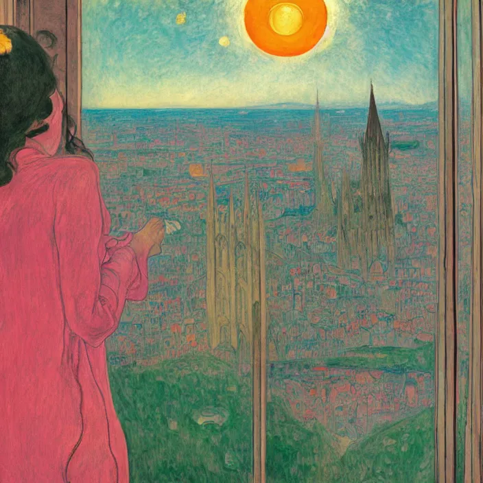 Image similar to close portrait of woman in transparent vaporous night gown washing her feet with cat and aloe vera, with city with gothic cathedral seen from a window frame with curtains. sun setting through the clouds, vivid iridescent psychedelic colors. agnes pelton, egon schiele, munch, henri de toulouse - lautrec, utamaro, monet