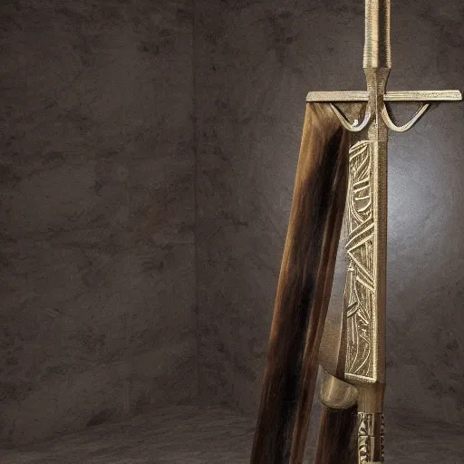 Image similar to Gungnir, the spear of Odin, laying on the pedestal in the armory of the gods, hyper-realistic