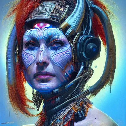 Image similar to portrait, headshot, digital painting, an beautiful techno - shaman lady in circuit electronic mask, realistic, hyperdetailed, chiaroscuro, concept art, art by john berkey