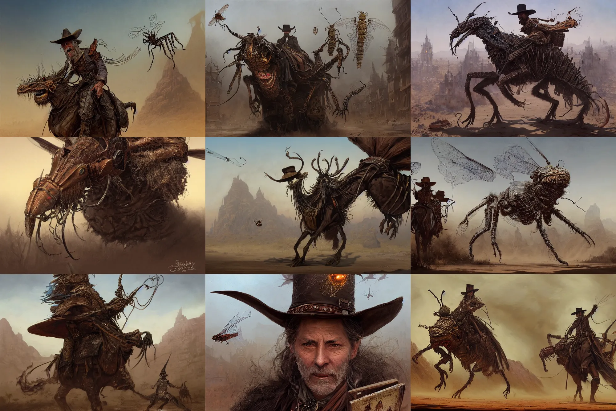 Prompt: A very highly detailed wild west wizard with a very highly detailed face with spellbooks and potions riding on a very higly detailed large grasshopper insect on the street of a wild west town digital rational painting art by Greg Rutkowski, sci-fi magic highly detailed, digital concept art, sharp focus, realistic concept art by Stephen Hickman and James Gurney and Hiromasa Ogura Ghost in the Shell rendered in Octane Render, From the distance