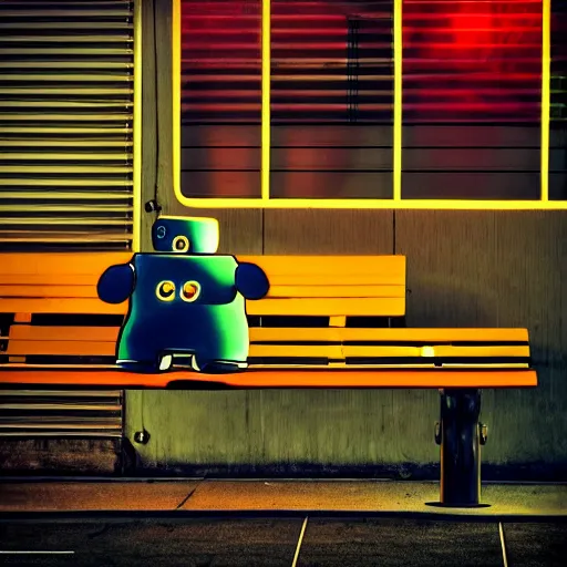 Image similar to vintage phto of a fat robot sitting alone in a streetbench, diezelpunk, cyberpunk, stray, neon lights