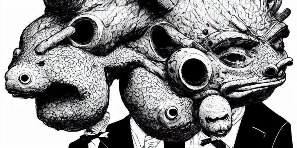 Image similar to a man in a black suit wearing an axolotl mask. ultrafine hyperdetailed illustration by kim jung gi