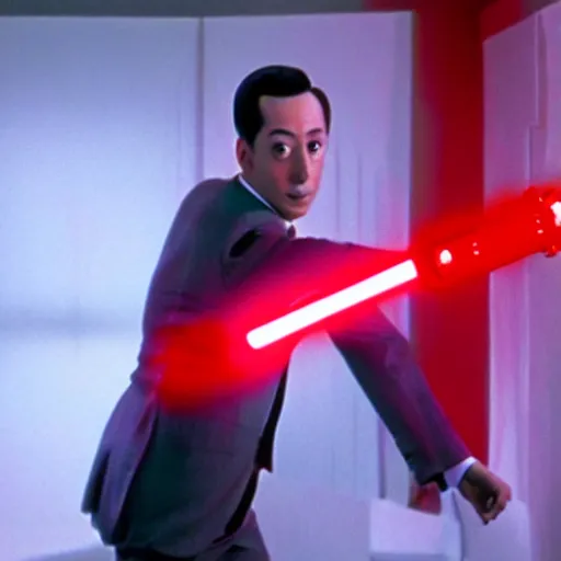 Image similar to Pee-Wee Herman wielding a red lightsaber 4K hdr