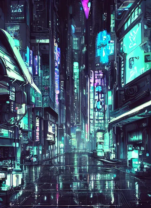 Image similar to sci-fi cyberpunk city street, billboards, neon holograms, neon signs, rainy night, dramatic lighting, cinematic, establishing shot, extremely high detail, foto realistic, cinematic lighting, pen and ink, intricate line drawings, post processed, concept art, artstation, matte painting, style by Raphael Lacoste, Eddie Mendoza ,