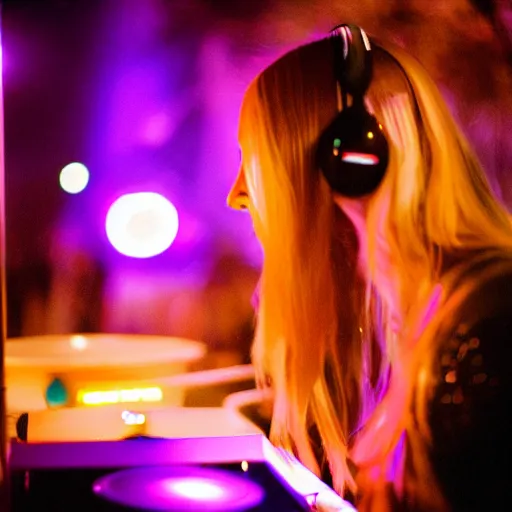 Prompt: A young, blonde-haired woman with soft facial features and blue eyes, 35mm photograph, neon lights in the background, DJing at coachella