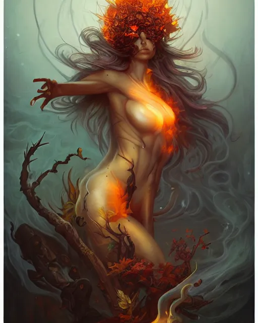 Image similar to liquid smoke and fire nicole aniston, autumn overgrowth, ancient relic archaic burning inscriptions, peter mohrbacher, artgerm, ross tran