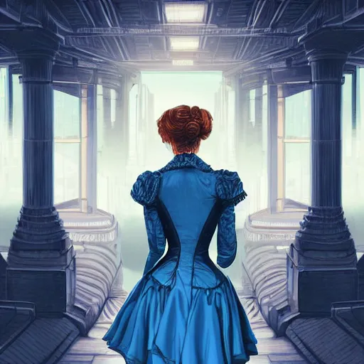 Prompt: portrait of a victorian lady in a futuristic city, from behind, streets, beautiful, blue, highly detailed, digital painting