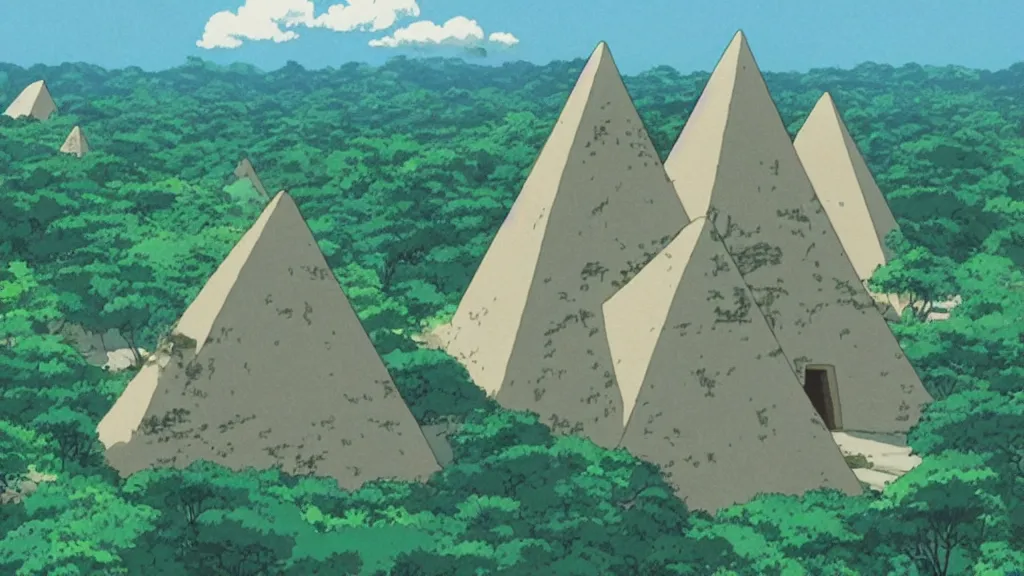 Image similar to a movie still from a studio ghibli film showing several large white pyramids and a golden ufo in the amazon jungle. by studio ghibli