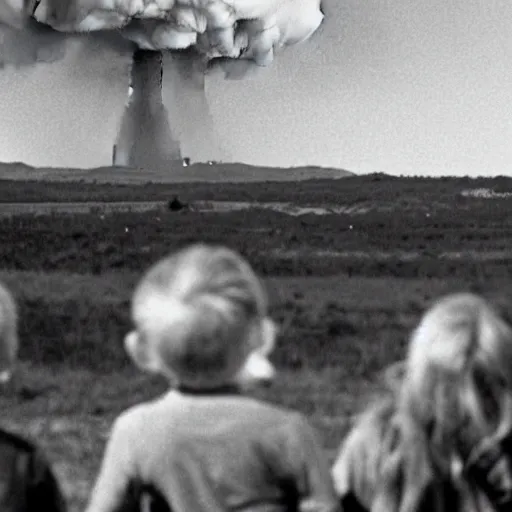 Image similar to group of kids watch as a nuclear bomb goes off in the background, nuclear detonation, burst, blow up, big mushroom cloud, group of kids watching an explosion in the distance