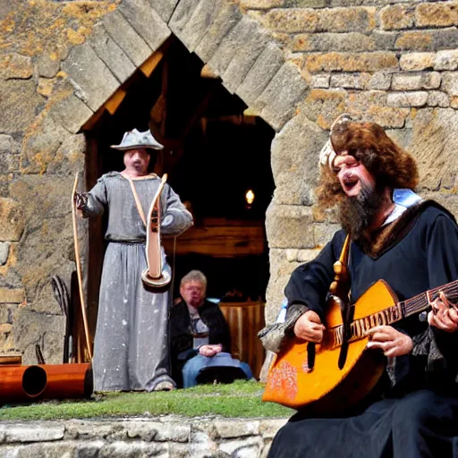 Prompt: a medieval bard singing in a wooden stage in the middle of an old wooden town with his hurdy - gurdy. smoke explosion around him. mid day light. medieval market fest.