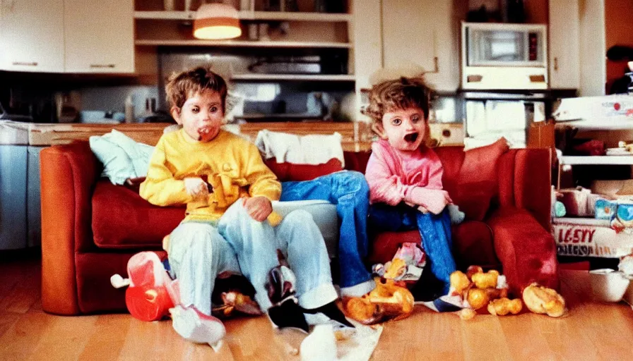 Image similar to 1990s candid 35mm photo of a beautiful day in the family kitchen , cinematic lighting, cinematic look, golden hour, Nintendo's Kirby is eating the family sofa, kids are crying, the Sofa is in Kirby's mouth, UHD