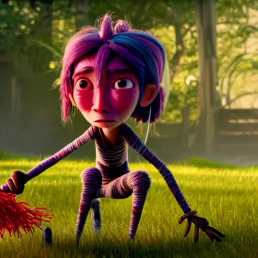 Prompt: a stopmotion animation character, a beautiful and mad canadian woman, on her knees, pulling weeds out frantically, some grey hair, stripey pants, octane render, 8 k, kubo and the two strings,