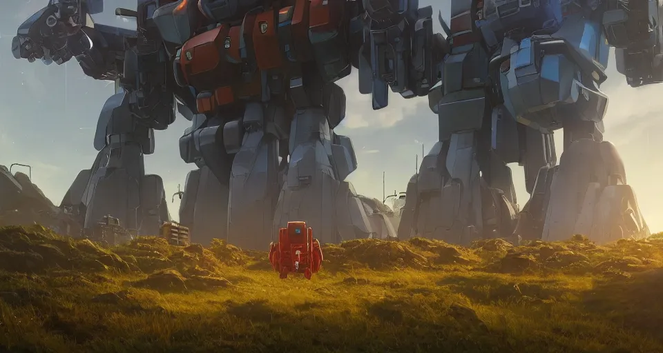 Prompt: Landscape with a GIANT mecha gorilla megastructure looming in the distance, inspired by gundam, cinematic, rendered by simon stålenhag, rendered by Beeple, Makoto Shinkai, syd meade, environment concept, digital art, unreal engine, 3 point perspective, WLOP, trending on artstation, low level, 4K UHD image, octane render,