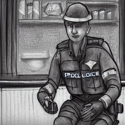 Image similar to a robotic police officer drinking tea in a coffee shop sitting down relaxed, photo realistic