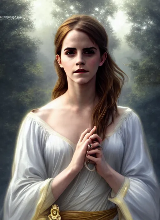 Image similar to emma watson as magic healer celestial, long hair, white and gold cloth, lake in the forest, D&D, shiny background, intricate, elegant, highly detailed, digital painting, artstation, concept art, smooth, sharp focus, illustration, artgerm, bouguereau