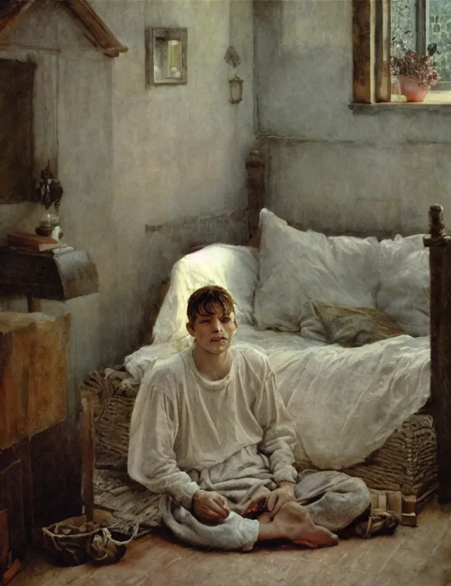 Image similar to peasant boy praying in country house, cottage core, cinematic focus, polaroid photo bleached vintage pastel colors high - key lighting, soft lights, foggy, by steve hanks, by lisa yuskavage, by serov valentin, by tarkovsky, detailed, oil on canvas