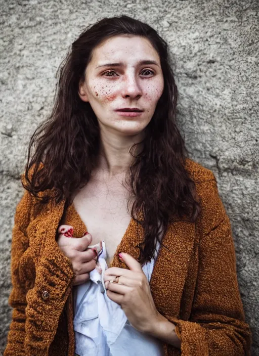 Image similar to Mid-shot portrait of a beautiful 30-year-old woman from Moldova, with freckles and wavy hair, candid street portrait in the style of Martin Schoeller award winning, Sony a7R